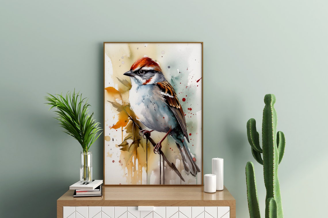 Chestnut Capped Sparrow Watercolor Perched Branch Bird Poster - Image 5