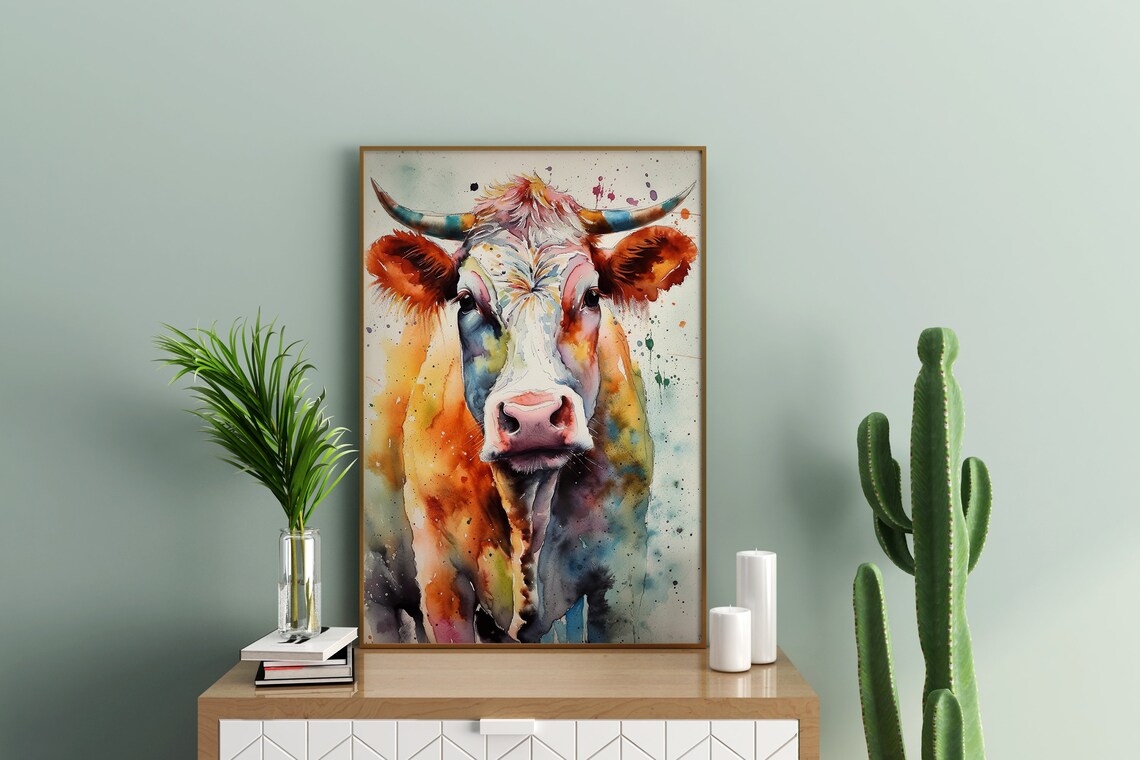 Cheerful Colorful Cow Portrait Watercolor Farm Animal Art Poster - Image 3