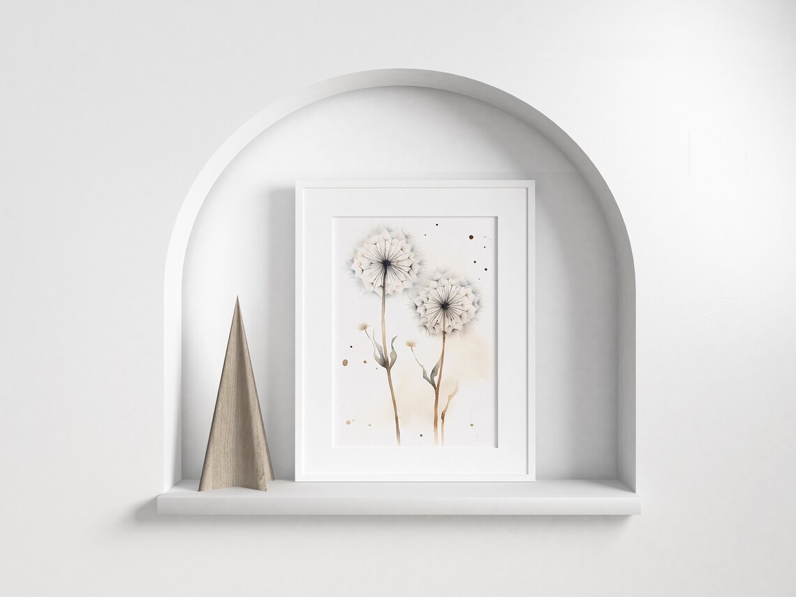 White Dandelion Watercolor Seed Heads with Gold Splatter Minimalist Poster - Image 3
