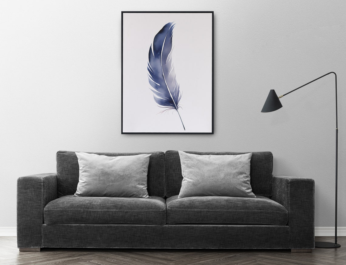 Navy Blue Feather Watercolor Bold Minimalist Elegant Art Poster - Image 2