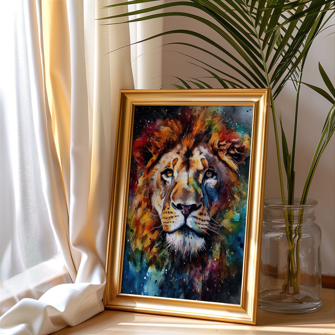 Lion Colorful Watercolor Portrait Fiery Mane Dark Splash Art Poster - Image 2