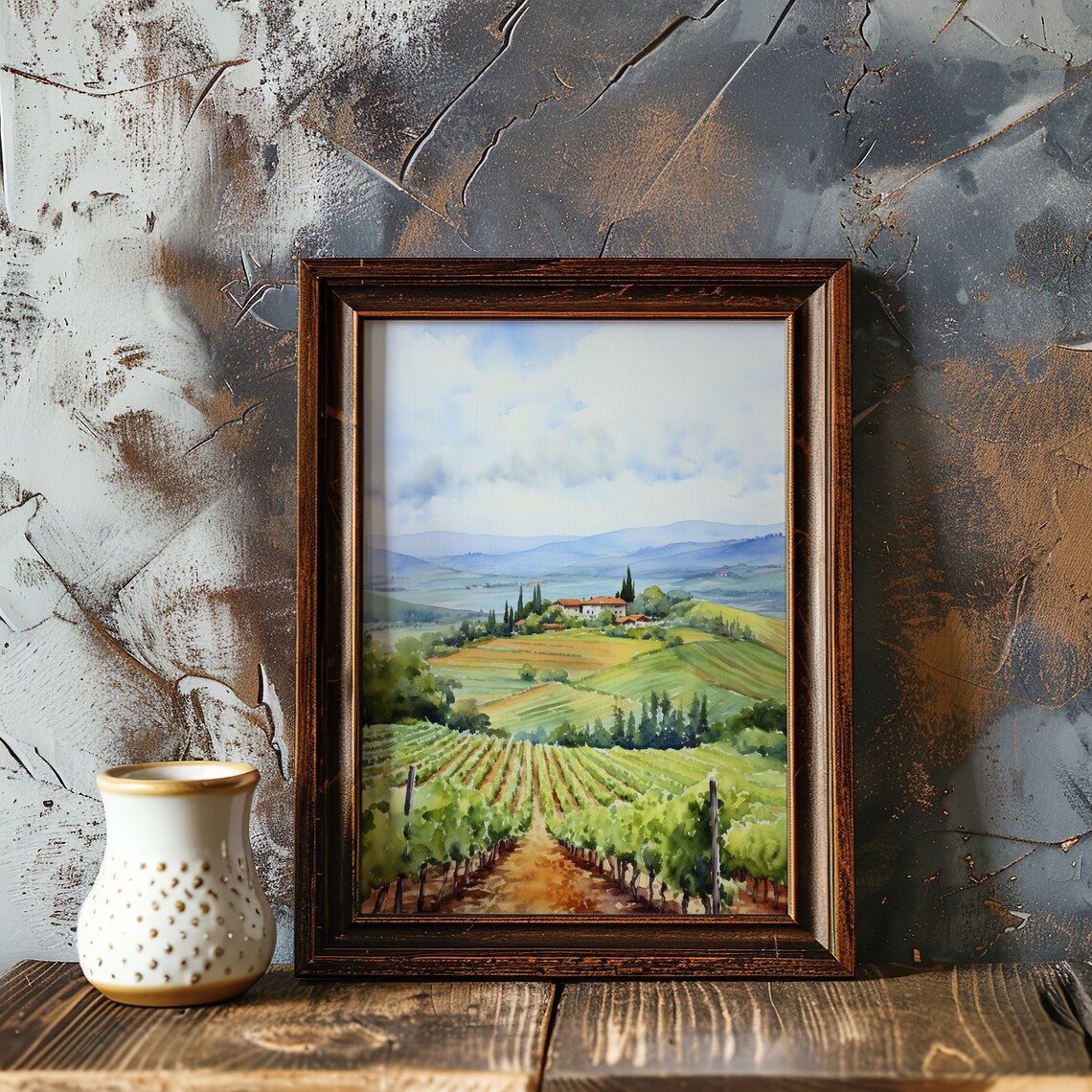 Rolling Vineyard Hills Villa Watercolor Italian Countryside Landscape Poster - Image 5