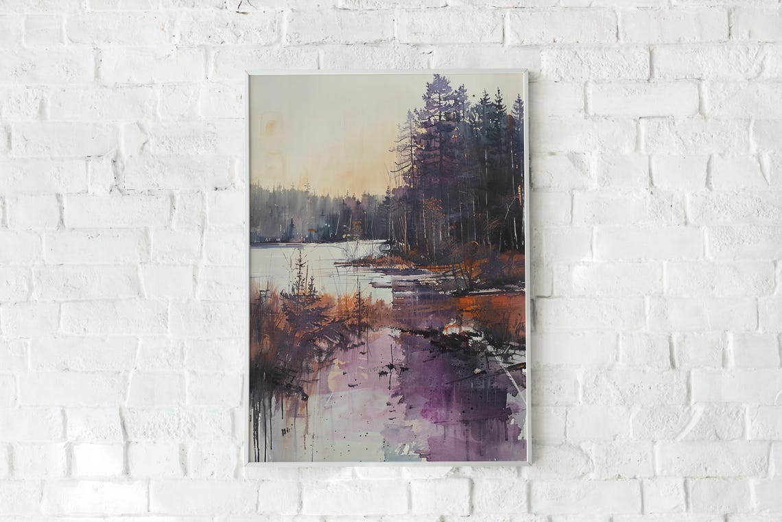 Moody Forest Lake Dusk Watercolor Purple Twilight Landscape Poster - Image 2