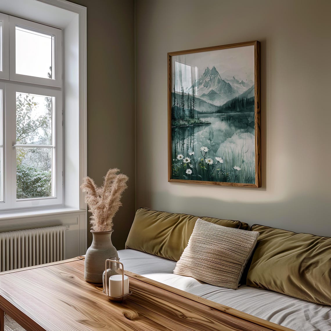 Snowy Mountain Lake With Daisies Watercolor Alpine Scene Poster - Image 5