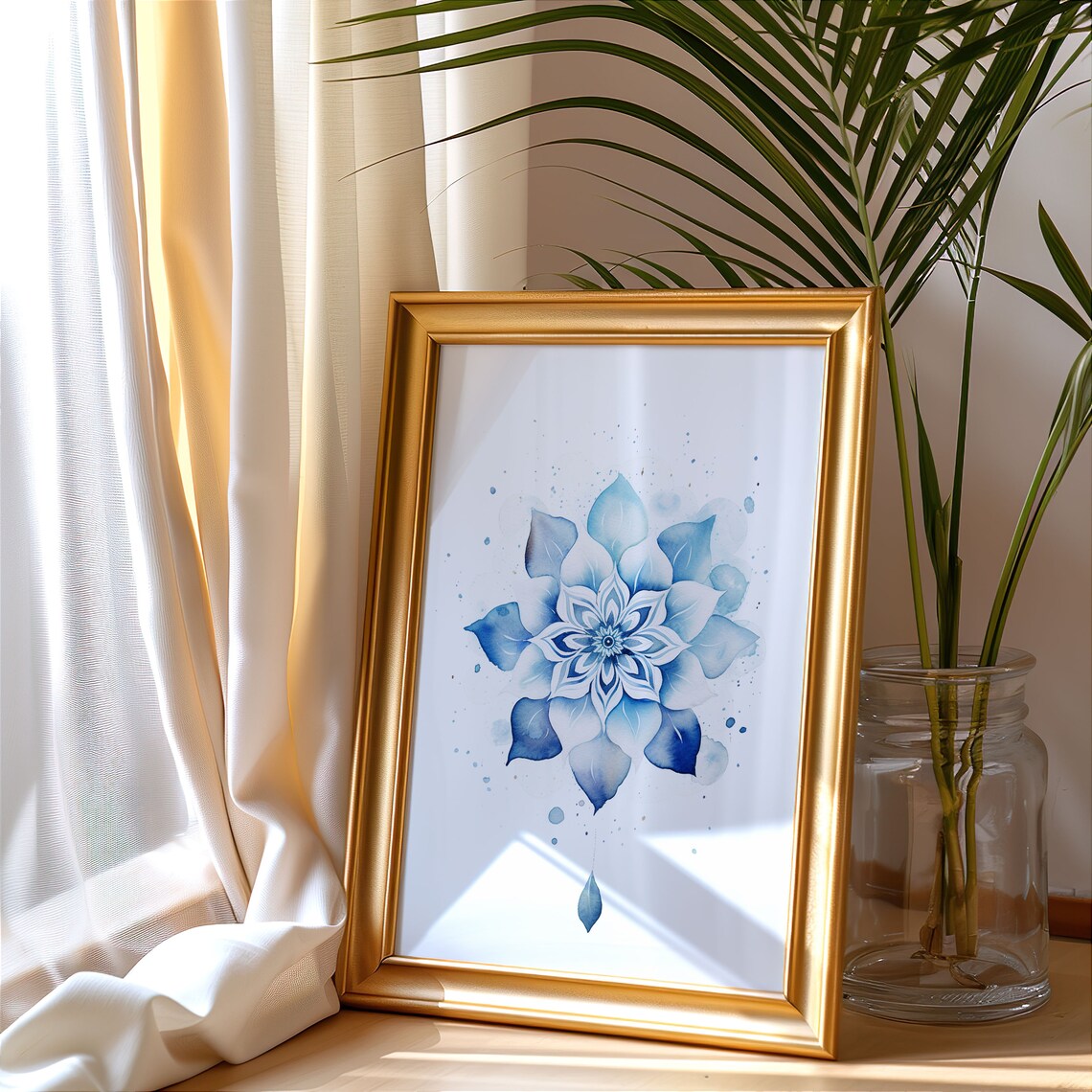 Blue Watercolor Mandala Flower Symmetric Zen Yoga Decor Poster - Image 3