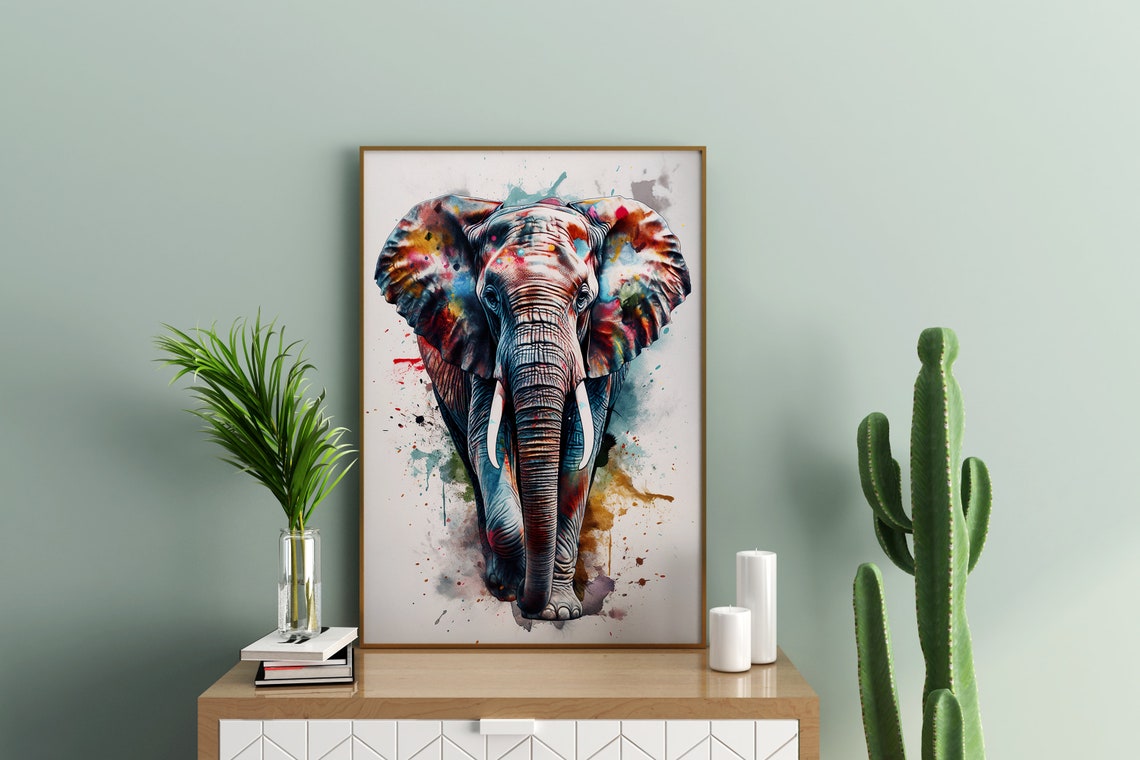 Elephant Watercolor Portrait Colorful Splash Wildlife Art Poster - Image 4
