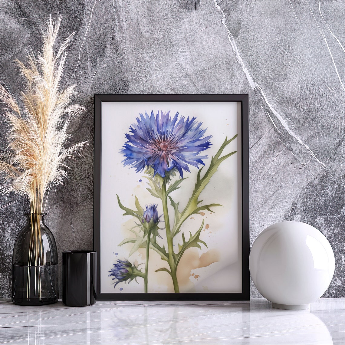 Blue Cornflower and Buds Watercolor Rustic Botanical Art Poster - Image 4