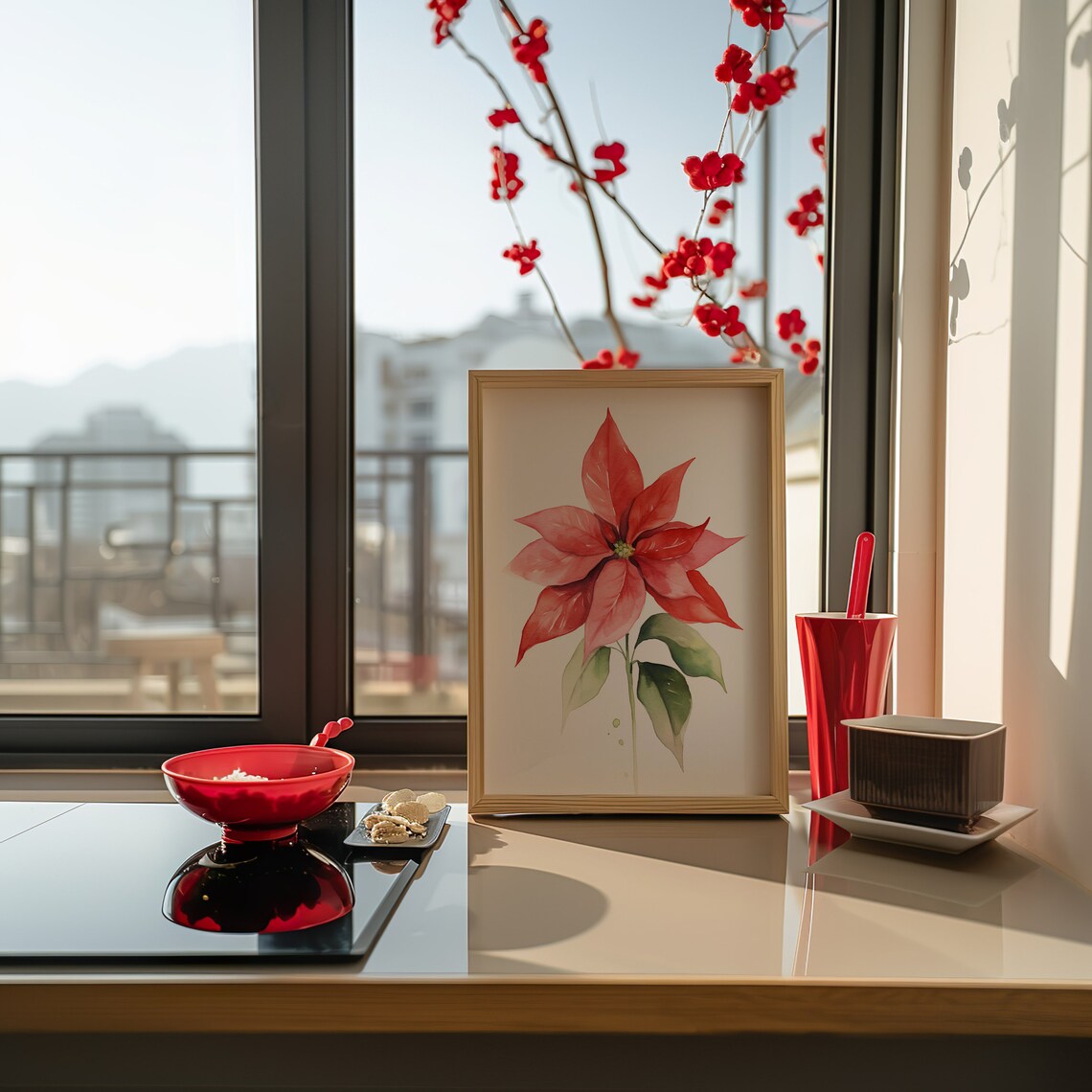 Red Poinsettia Watercolor Botanical Flower Holiday Decor Art Poster - Image 3