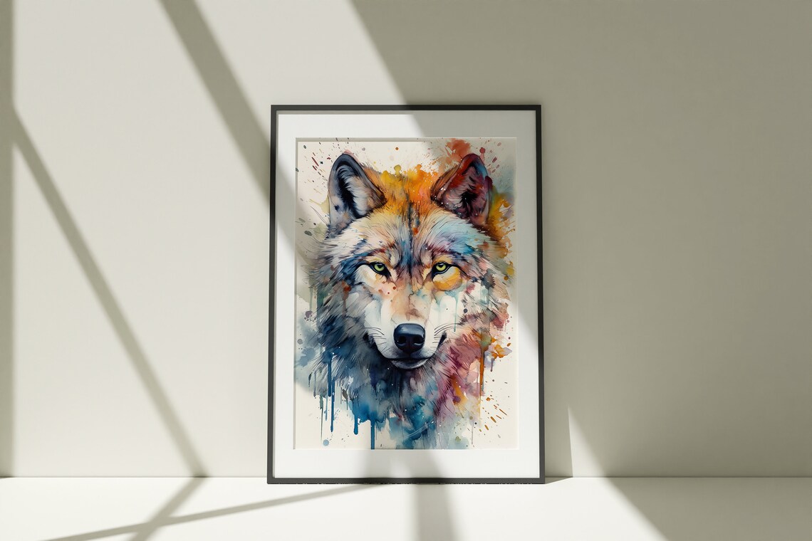 Gray Wolf Watercolor Portrait Wild Animal Forest Scene Poster - Image 4