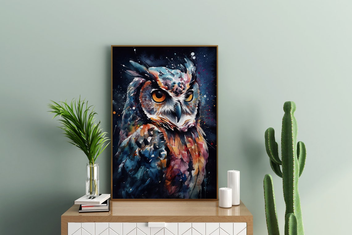 Owl Watercolor Portrait Night Sky Dark Moody Wildlife Art Poster - Image 5