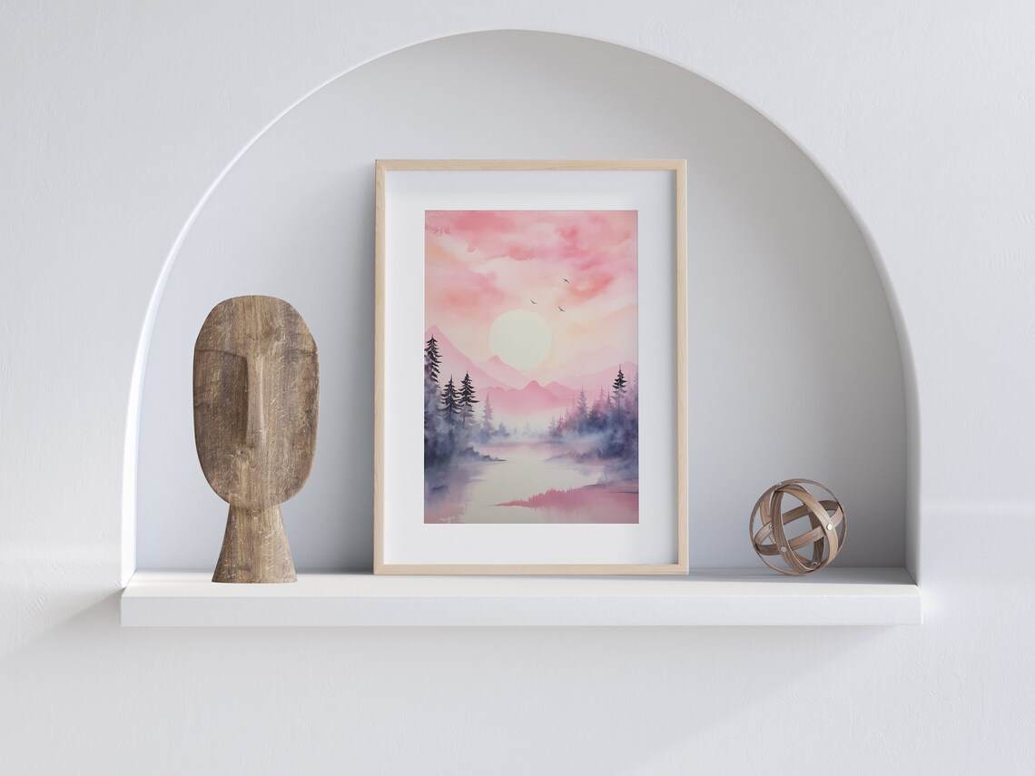 Pink Sunrise Over Misty Purple Mountains Pine Forest Lake Watercolor Poster - Image 5