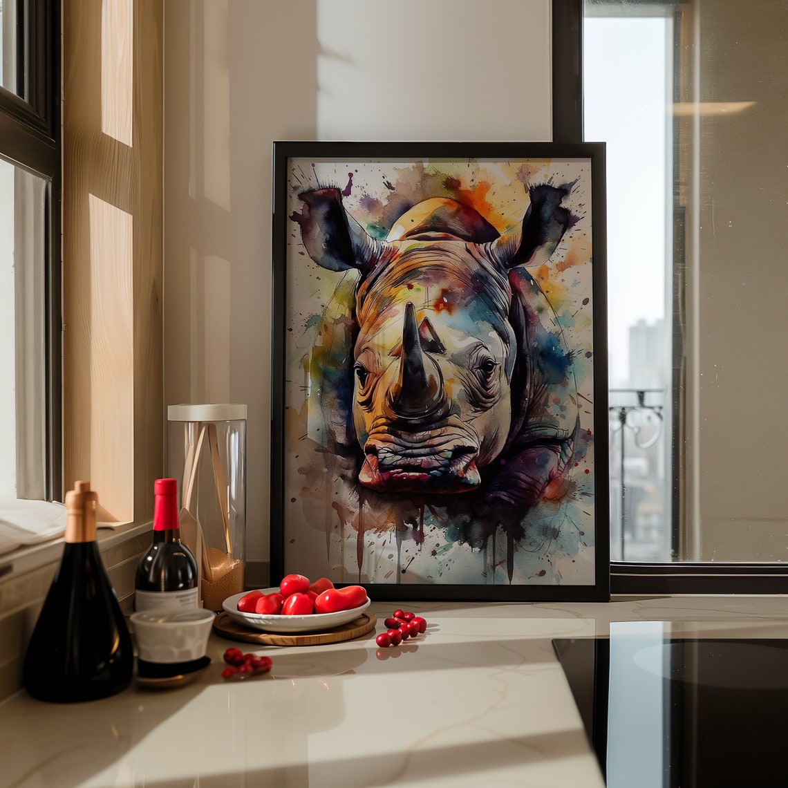Colorful Rhino Watercolor Portrait Bold Wildlife Animal Art Poster - Image 4
