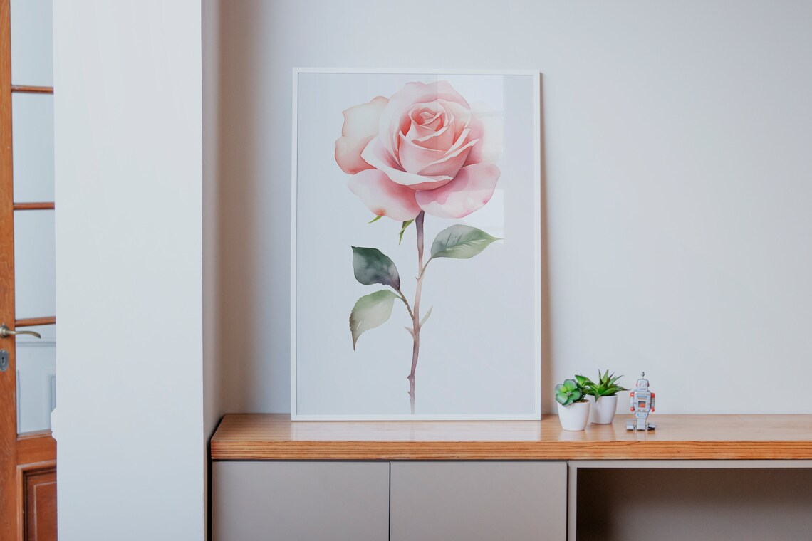 Pink Rose Watercolor Single Long Stem Blossom Romantic Floral Art Poster - Image 3