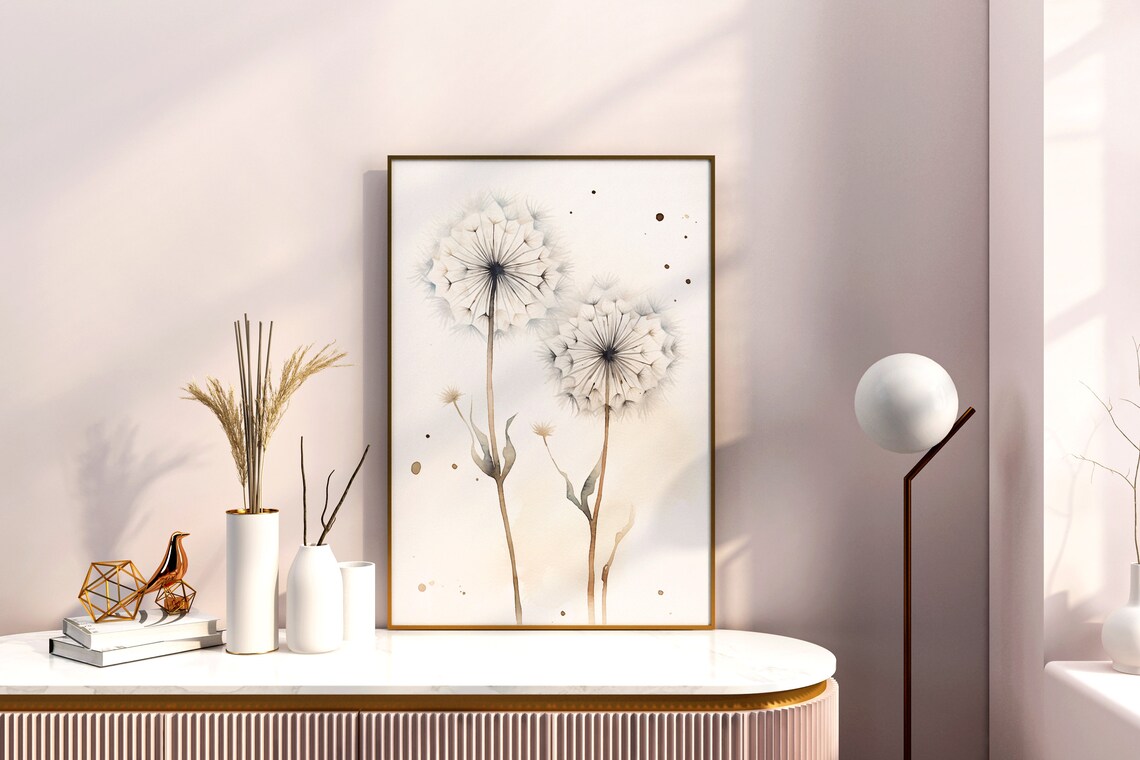 White Dandelion Watercolor Seed Heads with Gold Splatter Minimalist Poster - Image 4