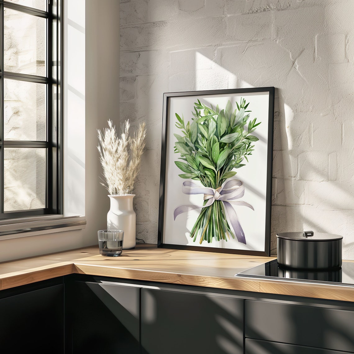 Green Herb Bunch Tied With Ribbon Watercolor Kitchen Art Poster - Image 5