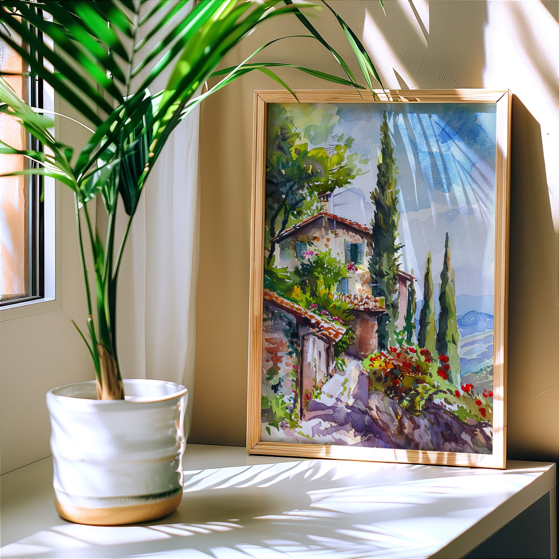 Italian Hillside Villa Watercolor Cypress Trees Flower Art Poster - Image 2