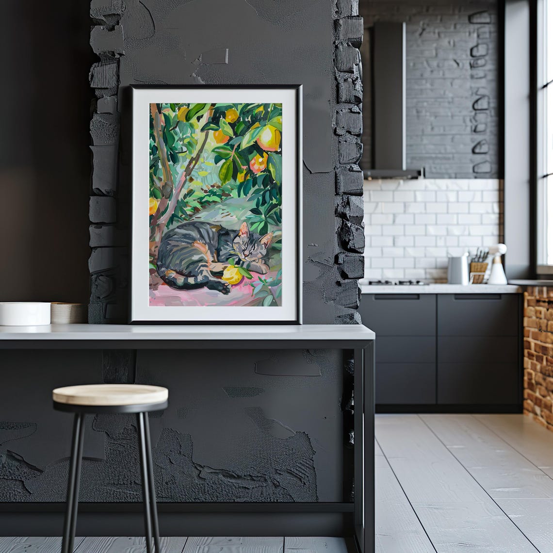 Sleeping Tabby Cat Lemon Grove Sunny Fruit Tree Painting Poster - Image 2