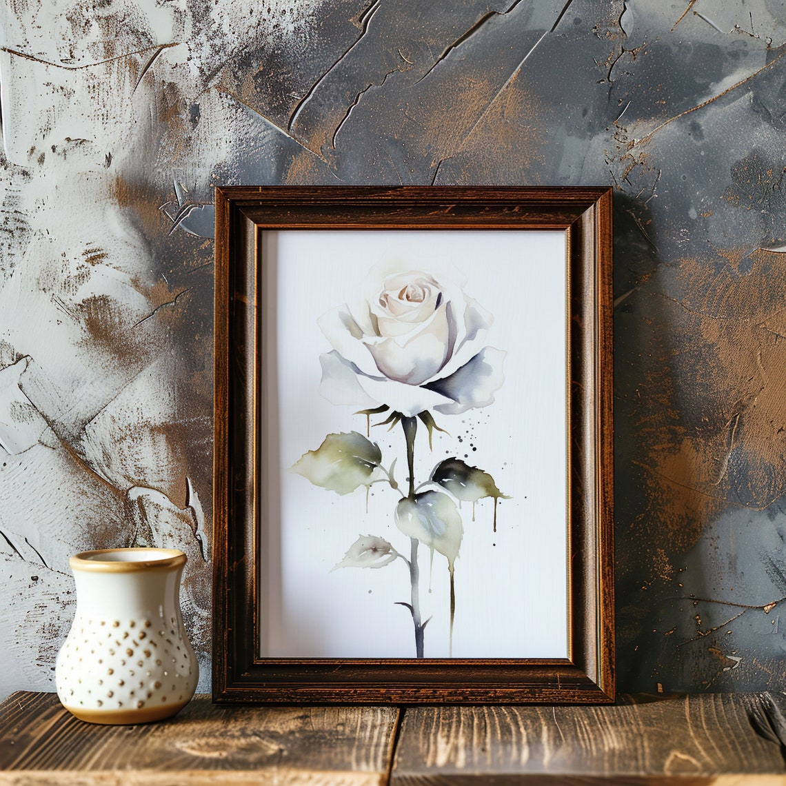 White Rose Ink Drip Artistic Watercolor Modern Botanical Art Poster - Image 3