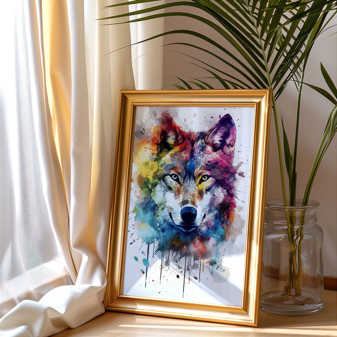 Rainbow Wolf Watercolor Portrait Vibrant Colorful Animal Art Poster - Image 5