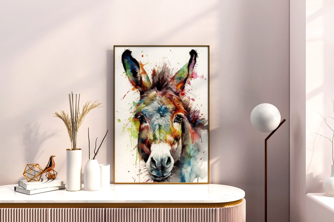 Colorful Donkey Watercolor Farm Animal Splash Portrait Art Poster - Image 5