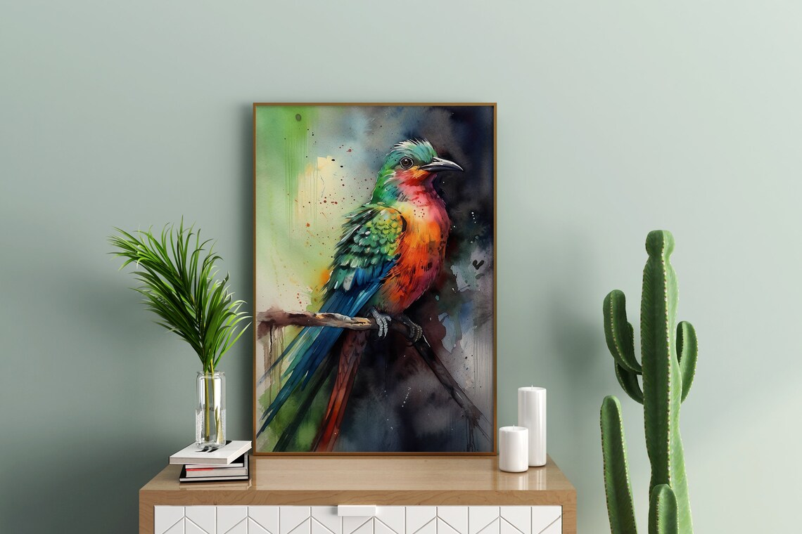 Colorful Tropical Bird Watercolor Perched Songbird Art Poster - Image 5
