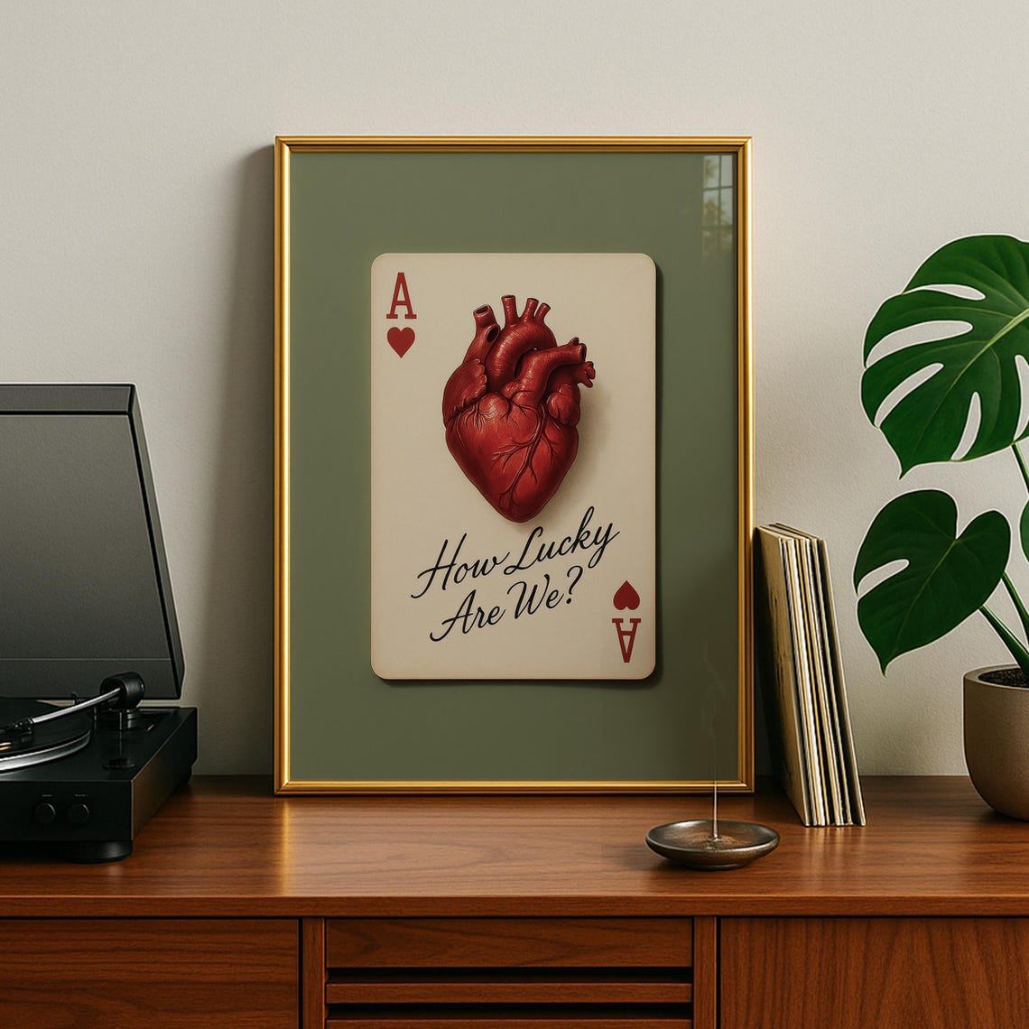 How Lucky Are We Ace of Hearts Anatomical Heart Vintage Art Poster