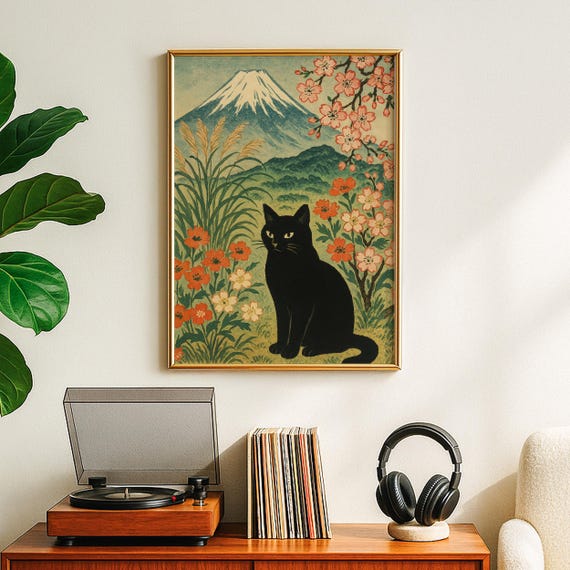 Japanese Black Cat Vintage Landscape Poster