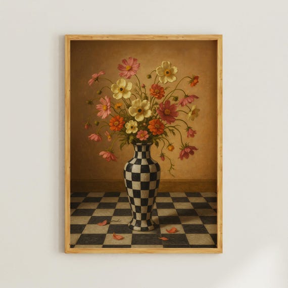 Vintage Floral Still Life Painting Print With Checkered Vase And Wildflowers Moody Botanical For Rustic Kitchen Or Living Room Decor