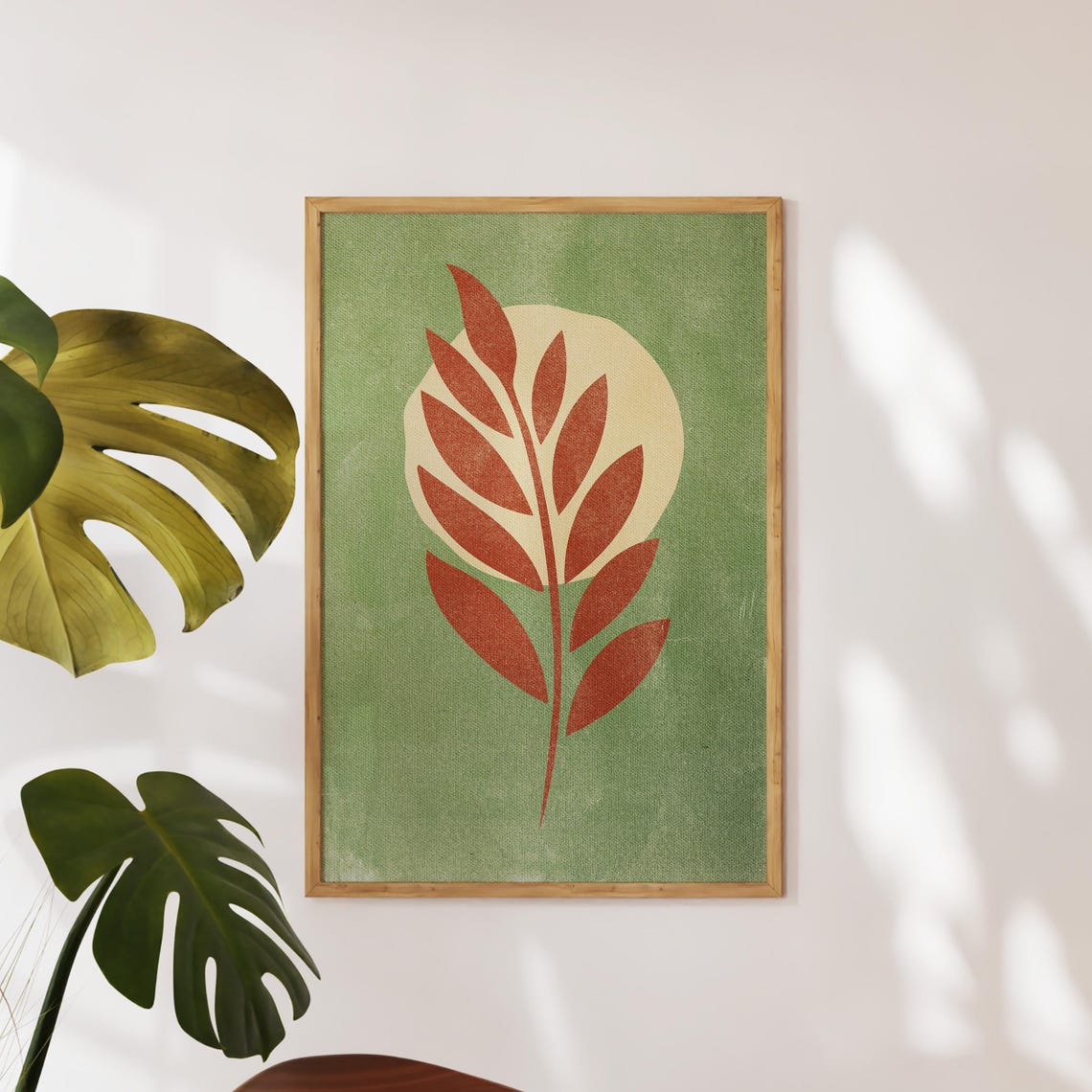 Sage Green Botanical Leaf Terracotta Mid Century Modern Art Poster