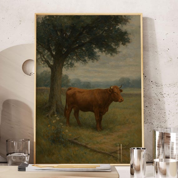 Moody Sage Green Landscape Painting Featuring Cow Under Tree Rustic Farmhouse Wall Art For Vintage Country Style Home Decor Print