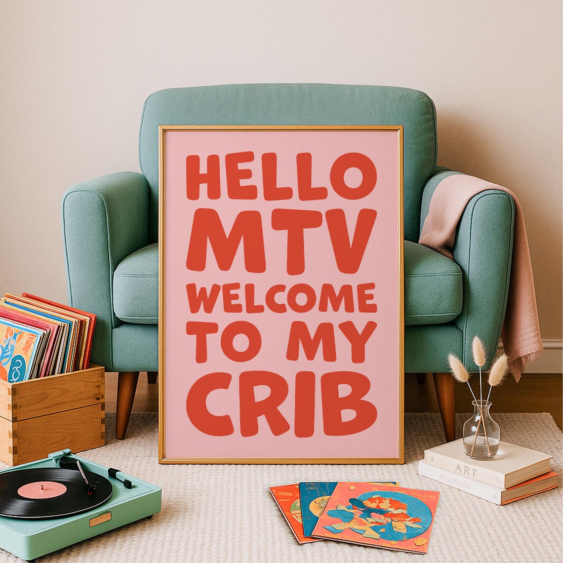 Hello MTV Welcome To My Crib Retro Bold Typography Pink Wall Poster