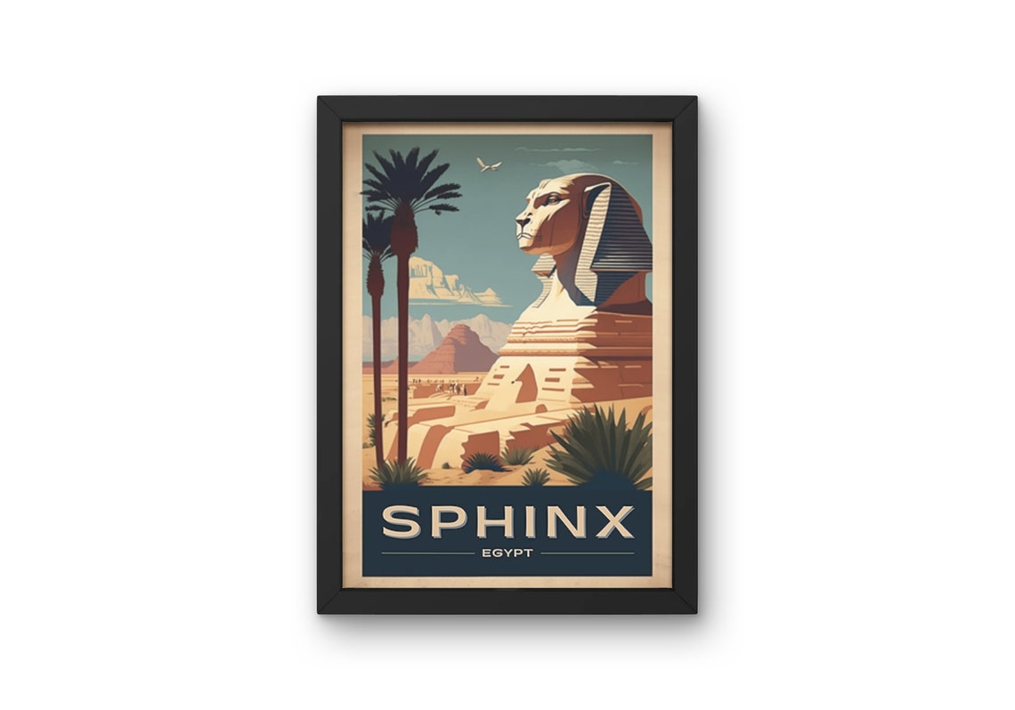 Giza Egypt Sphinx Palm Trees Sunlit Desert Vintage Travel Poster