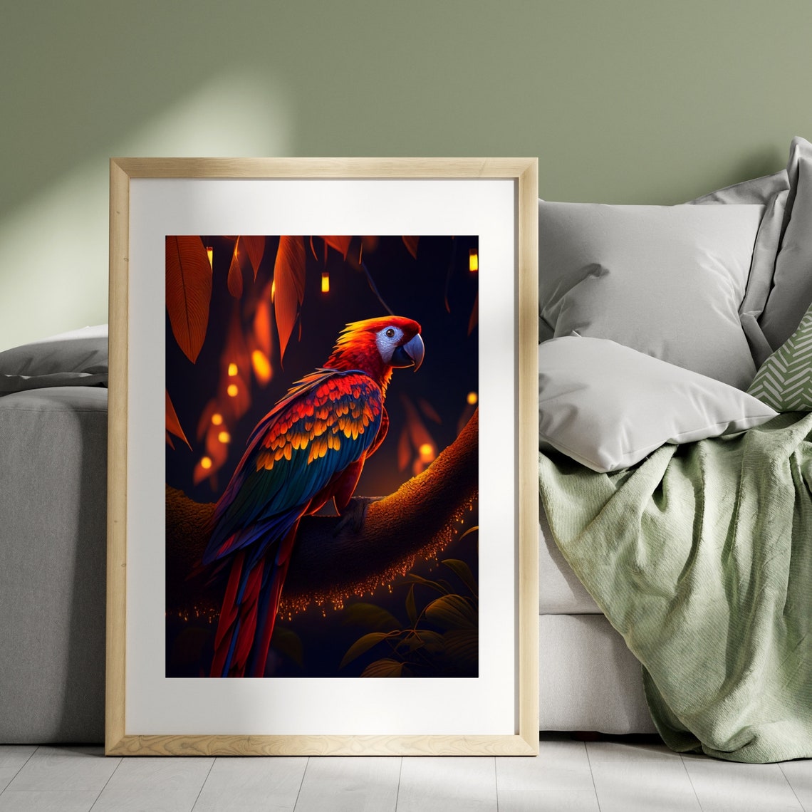 Scarlet Macaw Parrot on Branch in Glowing Night Jungle Poster - Image 3