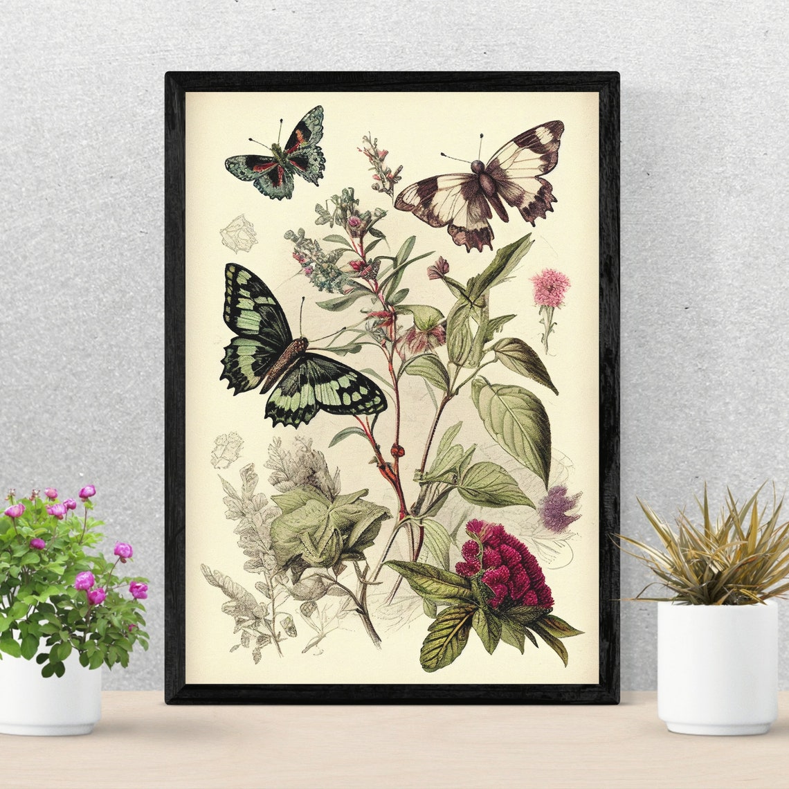 Vintage Botanical Butterflies and Flowers Illustration Poster - Image 3