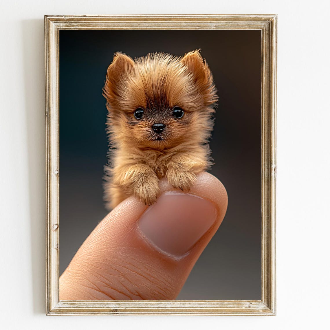 Tiny Fluffy Puppy Sitting on Human Fingertip Cute Dog Poster
