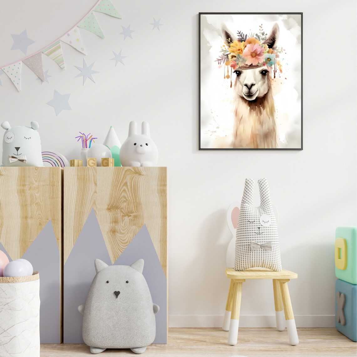 Smiling Llama Flower Crown Watercolor Cute Nursery Animal Art Poster - Image 2