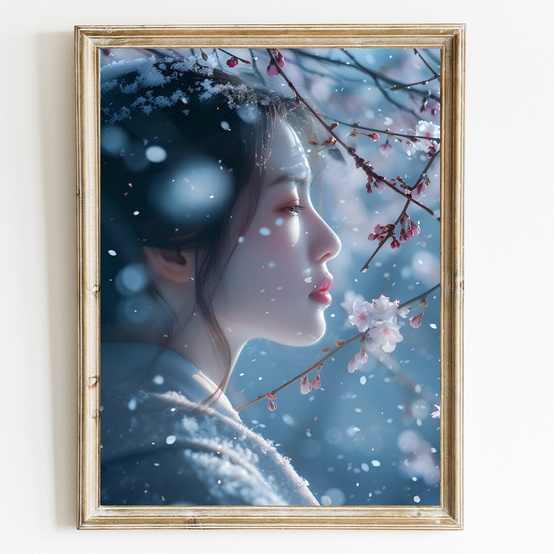 Asian Woman Snow Cherry Blossom Winter Portrait Serene Poster