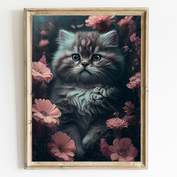 Fluffy Kitten Among Pink Flowers Vintage Floral Cat Portrait Poster