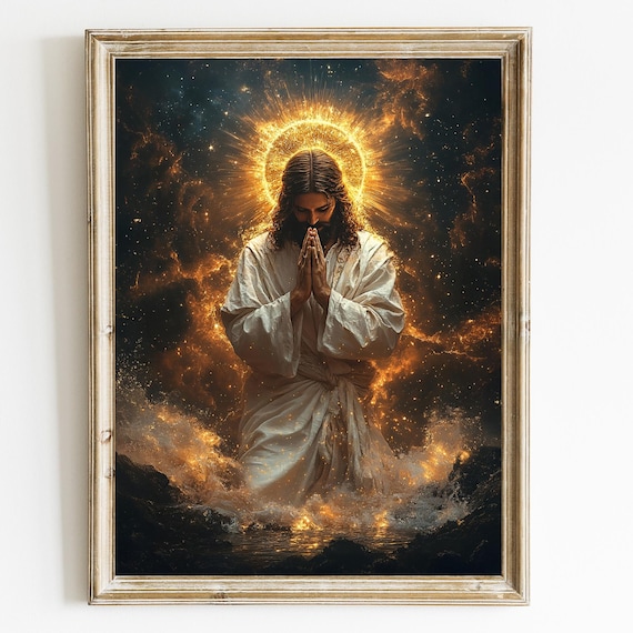 Jesus Christ Praying with Golden Halo Cosmic Religious Poster