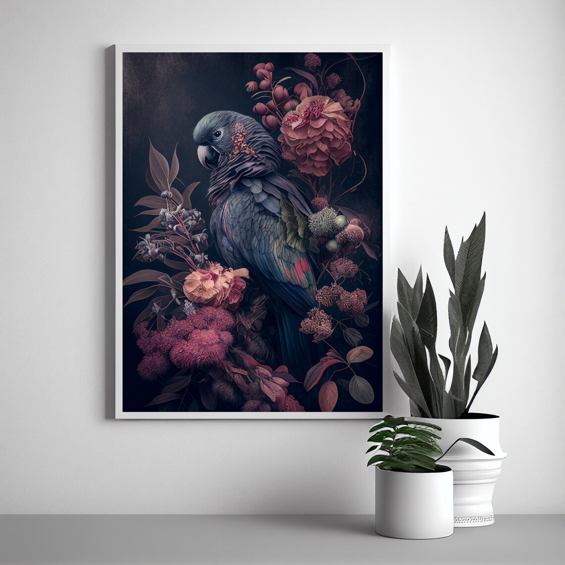 Moody Dark Parrot Among Roses Vintage Floral Bird Portrait Poster - Image 2