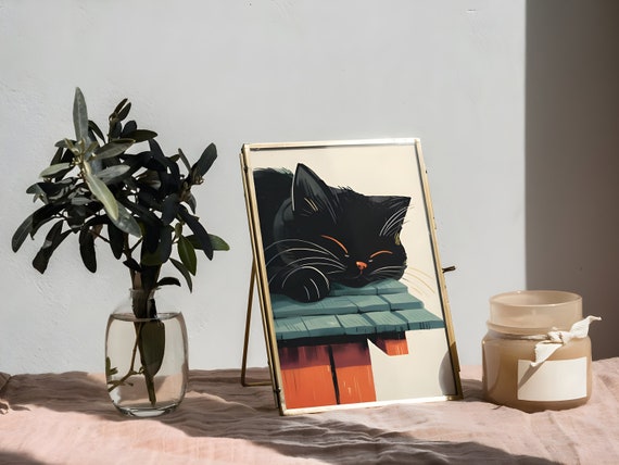 Sleepy Cat Illustrated Art Print Cute Cat Sleeping Japanese House Poster Japanese Cat Painting Cat Noir Poster Cat Japan Poster