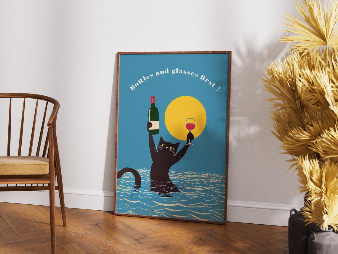 Bottles And Glasses First Black Cat Wine Ocean Sunset Fun Poster