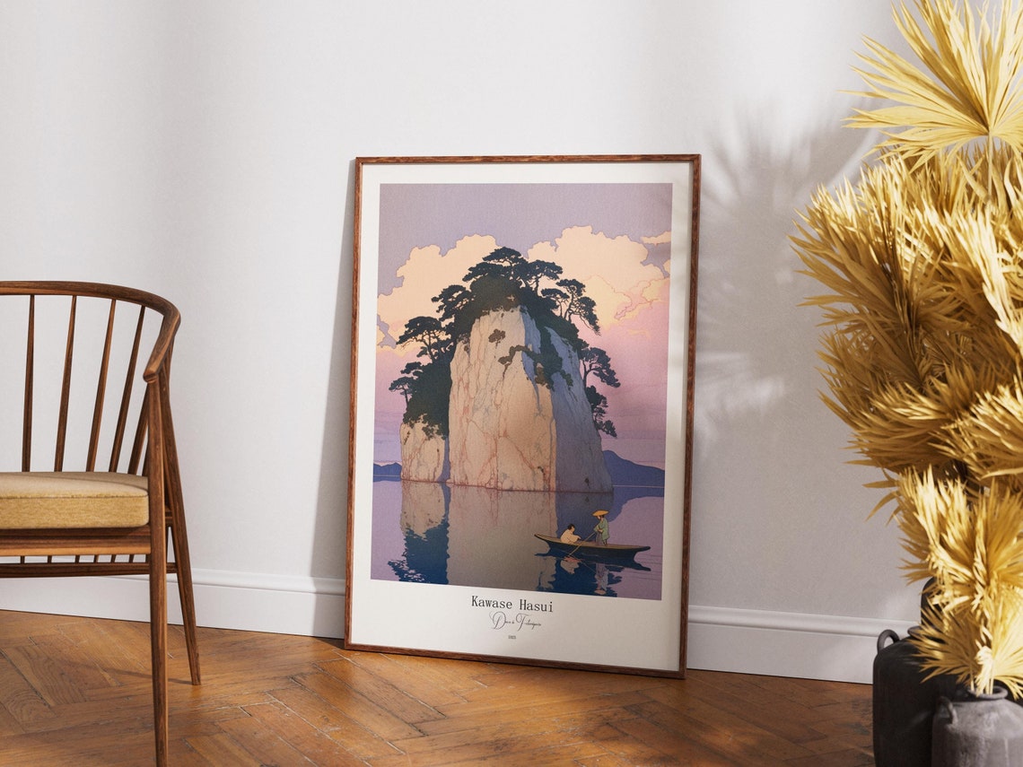 Kawase Hasui Tall Rocky Island Sunset Japanese Woodblock Poster