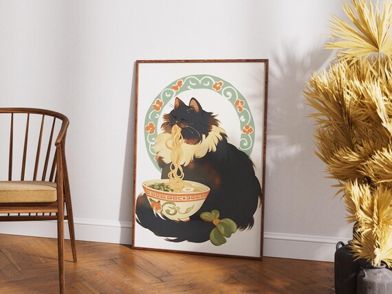 Ramen Cat Longhaired Black Feline Slurping Noodles Japanese Kitchen Poster