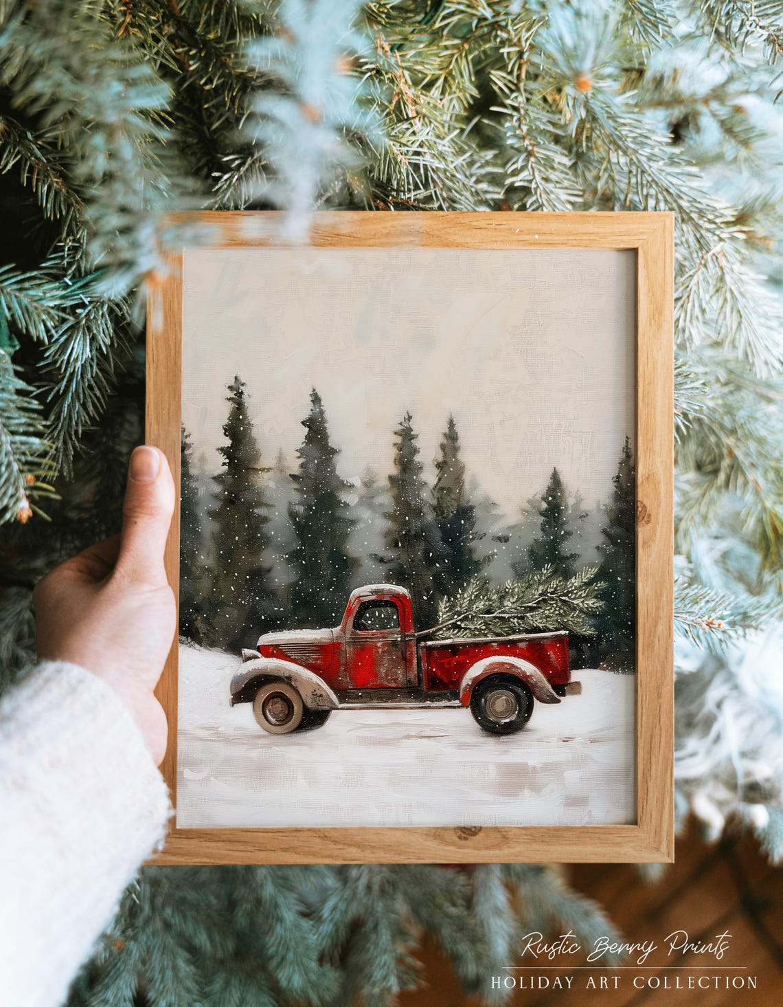 Rustic Red Vintage Truck with Christmas Tree Snowy Forest Art Poster