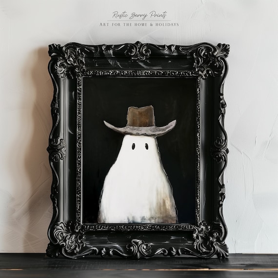 Ghost Wearing Cowboy Hat On Black Simple Western Halloween Wall Art