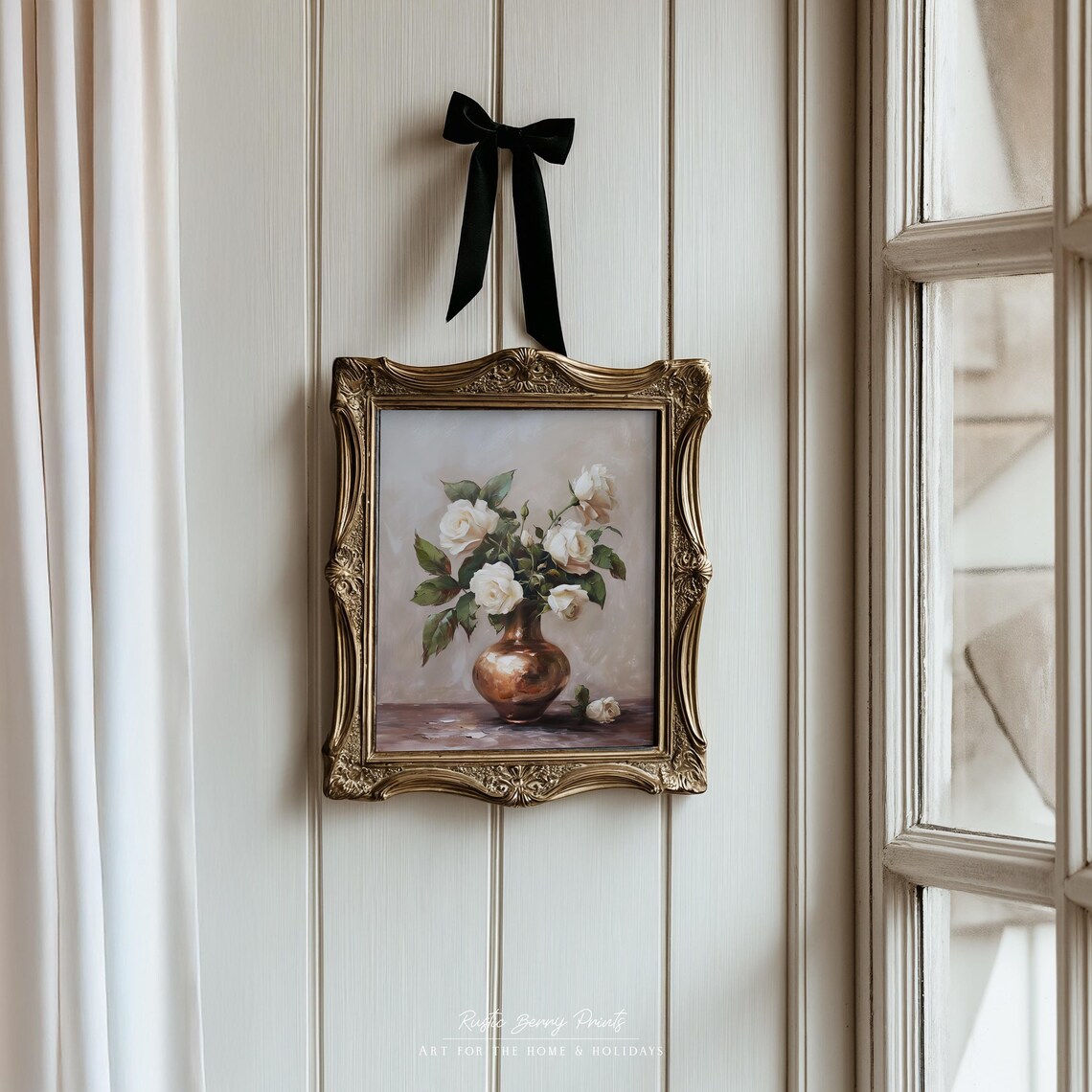 White Roses Copper Vase Elegant Floral Still Life Oil Painting Poster
