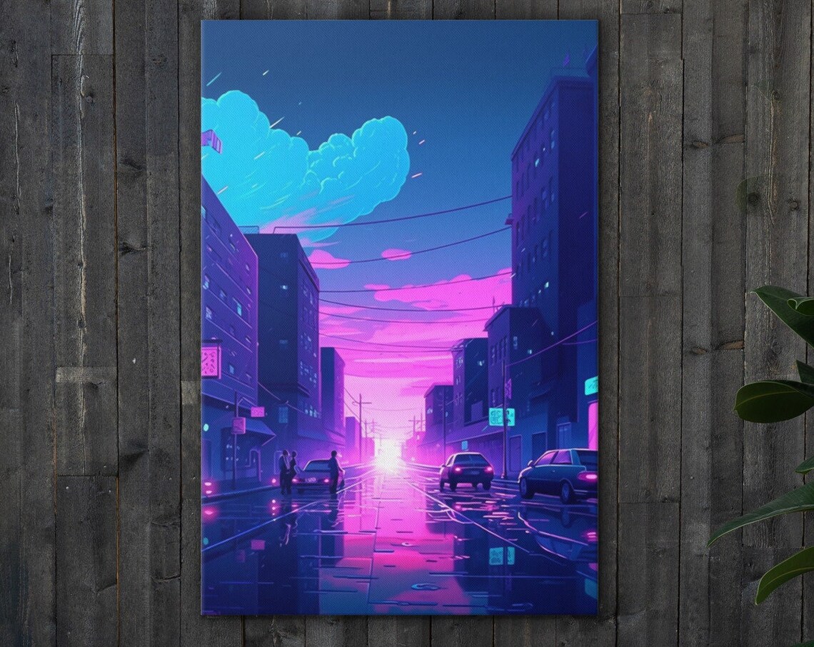 Neon Cyberpunk City Street Rain Night Lights Lofi Aesthetic Wall Art - Image 3