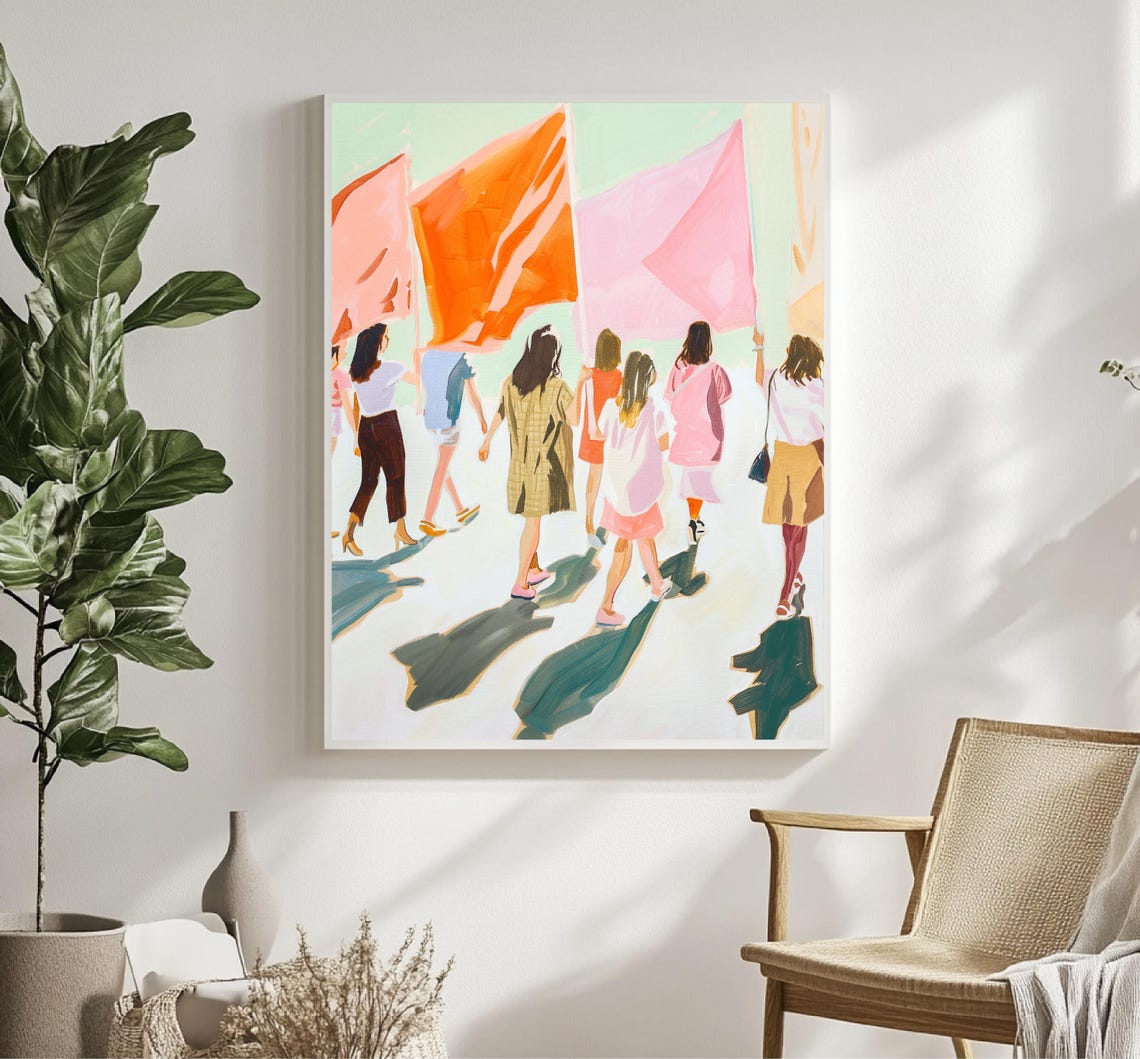 Women Marching With Orange Flags Feminist Empowerment Art Poster - Image 3