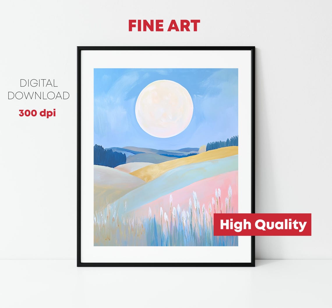 Pastel Rolling Hills Meadow Moonlit Abstract Landscape Art Poster - Image 2